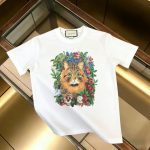 Mystical Cat Floral Print Crew Neck Short Sleeve T-Shirt Unisex Loose Fit White Tee
